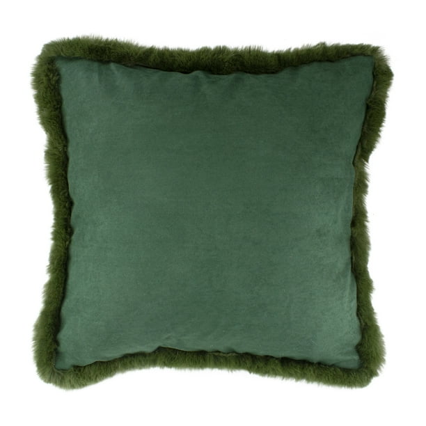 17" Dark Green Velvet Throw Pillow with Faux Fur Fringe Edging