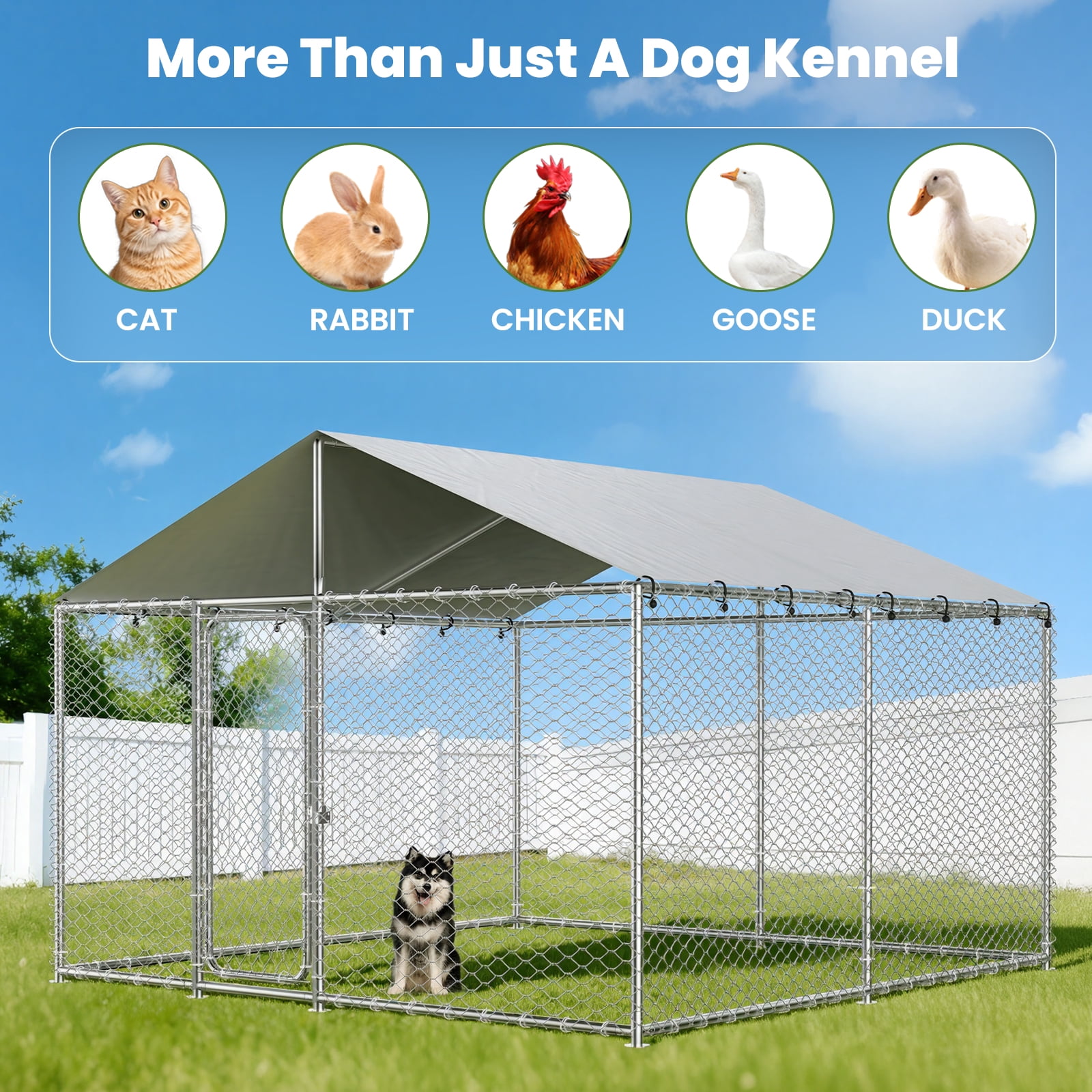 YOKWOK 10x10ft Outdoor Dog Kennel Heavy Duty Metal Dog Pet Enclosure, with Galvanized Steel Fence and Metal Gate, UV Waterproof Sun Resistant Roof Cover and Secure Lock