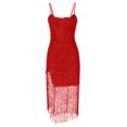 thumbnail image 4 of BLTIBY 2025 Women Sequin Dress Solid Color V Neck Sparkly Glitter Spaghetti Strap Fringe Sleeveless Short Party Night Out Club Fashion Dress Red XS, 4 of 8