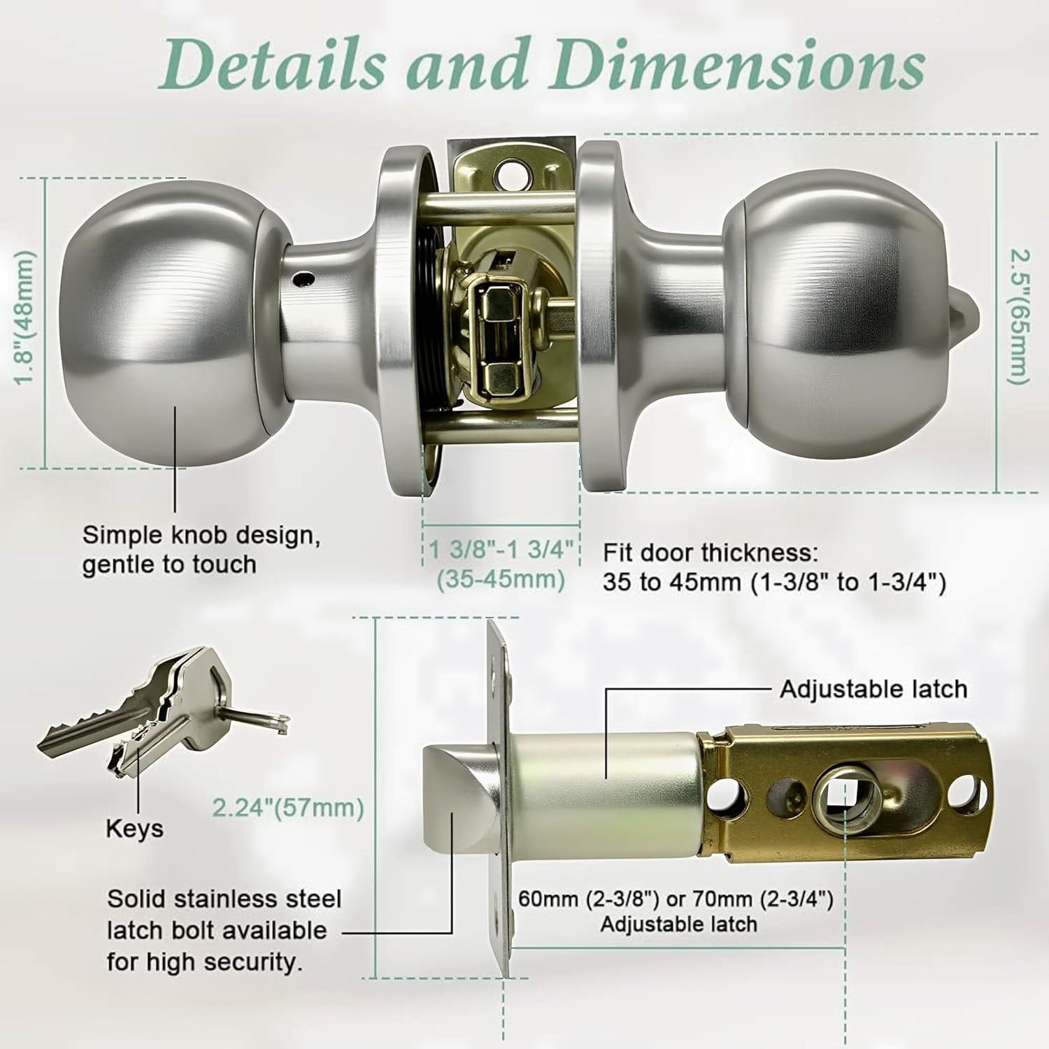 Door Knob with Lock and Keys, Ball Stainless Steel Entry Door Lock with Keyed,Exterior/Interior Door Handles for Bedroom or Bathroom,Satin Nickel,(10Pack)
