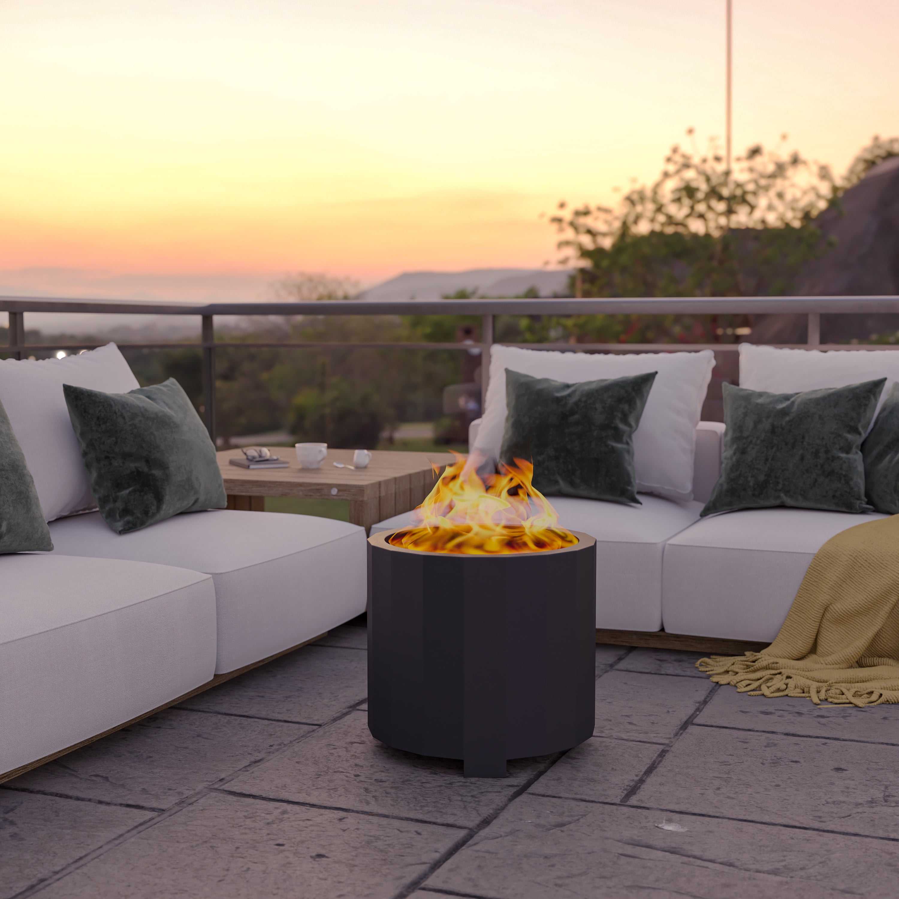 Flash Furniture Titus Commercial Grade 19.5 inch Smokeless Outdoor Firepit, Natural Wood Burning Portable Fire Pit With Waterproof Cover, Black
