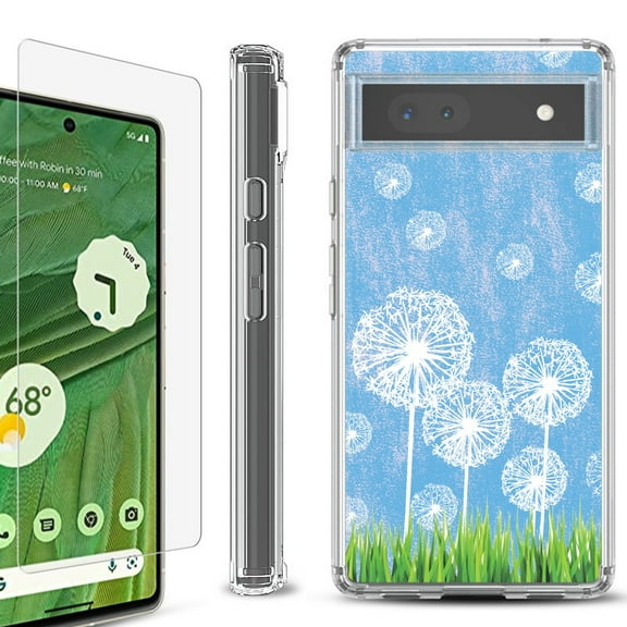 Shockproof Bumper Phone Case for Google Pixel 6a, with Tempered Glass Screen Protector, by OneToughShield ® - Dandelion Sky