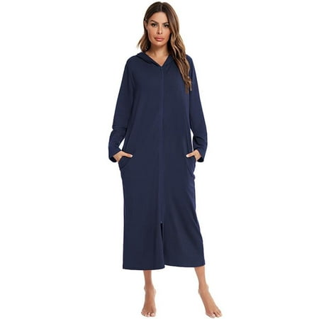 

SUPERHOMUSE Women s Long-sleeved Pajamas Round Neck Nightgown Short-sleeved Zipper Pajamas Large Size Casual Nightdress S-XXL