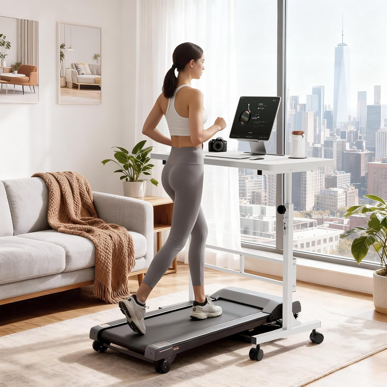 MONGJI Small Portable Standing Desk Adjustable Height, Mobile Stand Laptop Computer Workstation with Lockable Wheels for Walking Pad Treadmill (White)