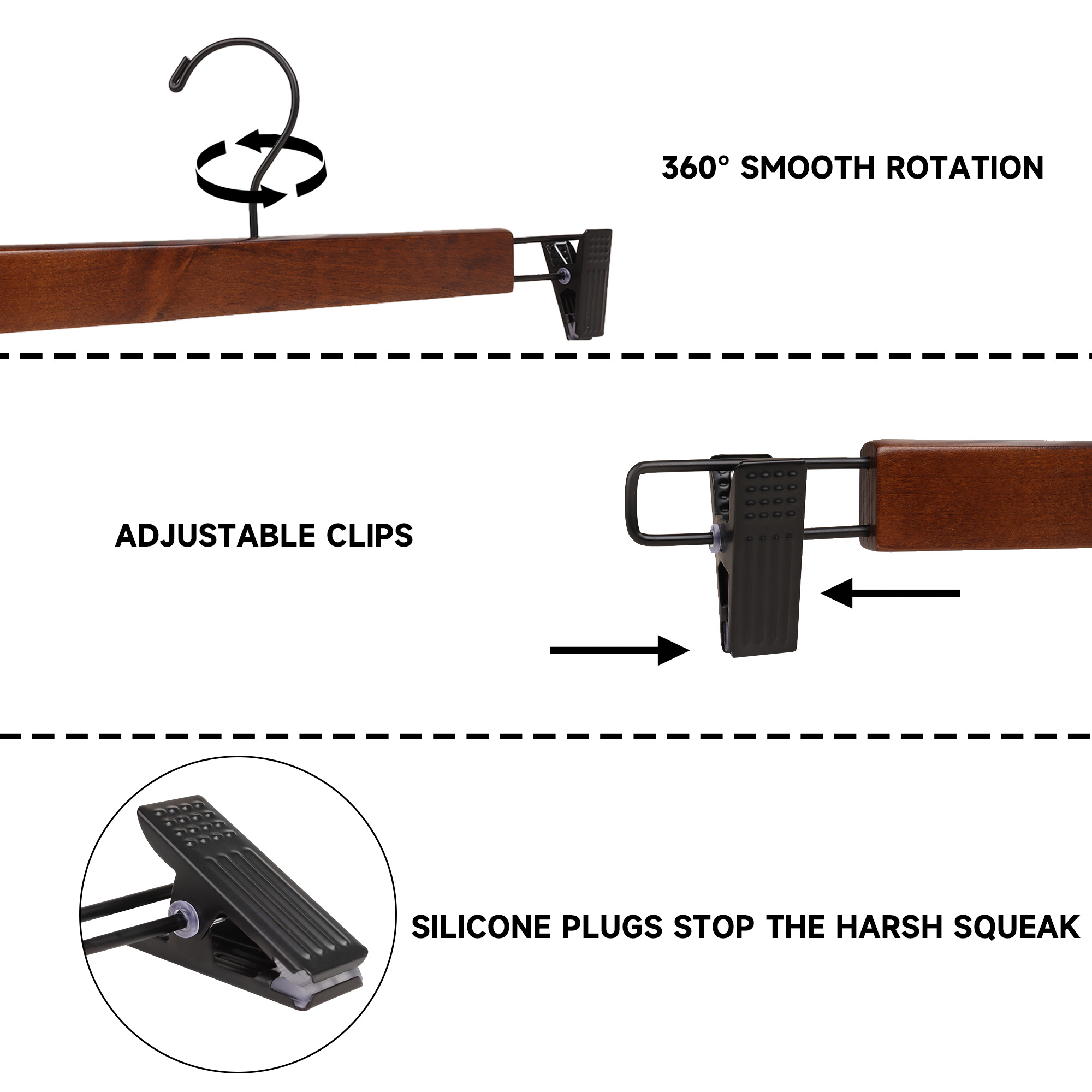 BP4U 12-Pack Premium Wooden Pants Hangers with Adjustable Clips, Heavy Duty Solid Wood Skirt Hangers, Non-Slip Trousers Bottom Hangers for Jeans, Slacks, Dresses(Walnut)