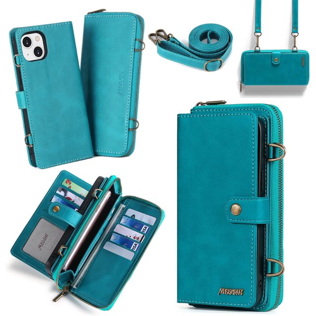 Funda tipo cartera compatible con iPhone 14 Plus. Funda magnética desmontable con tarjetero, bloqueo RFID, cierre de cremallera, correa cruzada y ranuras para tarjetas. Para iPhone 14 Plus de 6,7