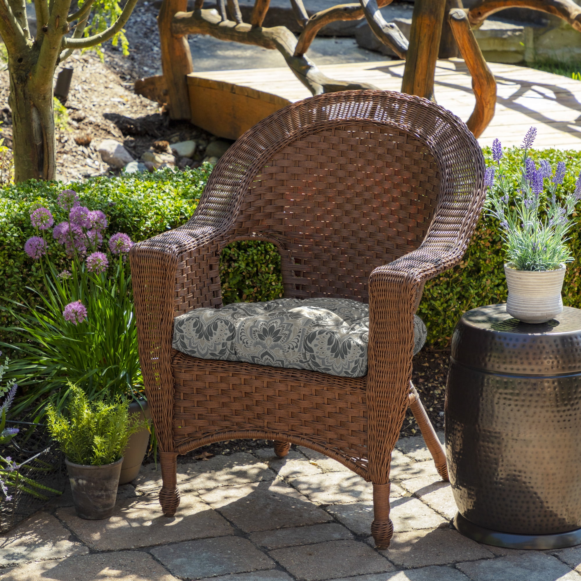 ARDEN Outdoor Wicker Chair Cushion, 20 x 18, Tufted Plush Cushion for Wicker and Rocking Chairs 18 x 20, Neutral Aurora Damask