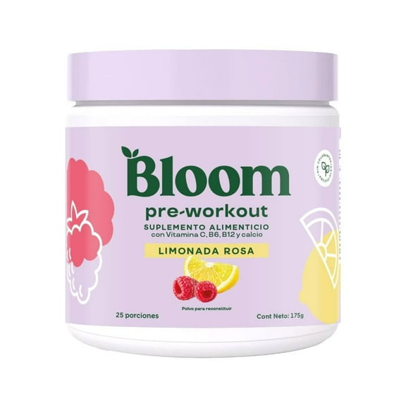 Suplemento alimenticio Bloom Pre Workout Bote con 175g de polvo sabor Limonada Rosa