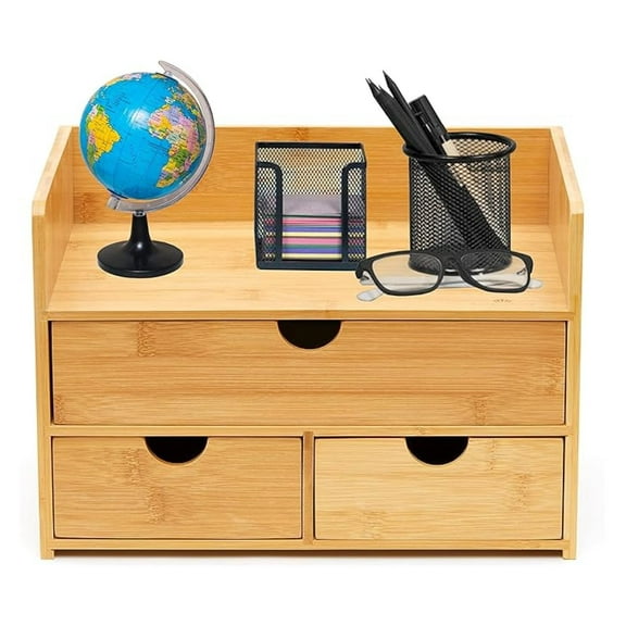 Bamboo Desktop Organizer 3 Tier - Natural Wood Office & Home Storage - Document, Supplies, Accessories - No Assembly Required - Table Top Organizer