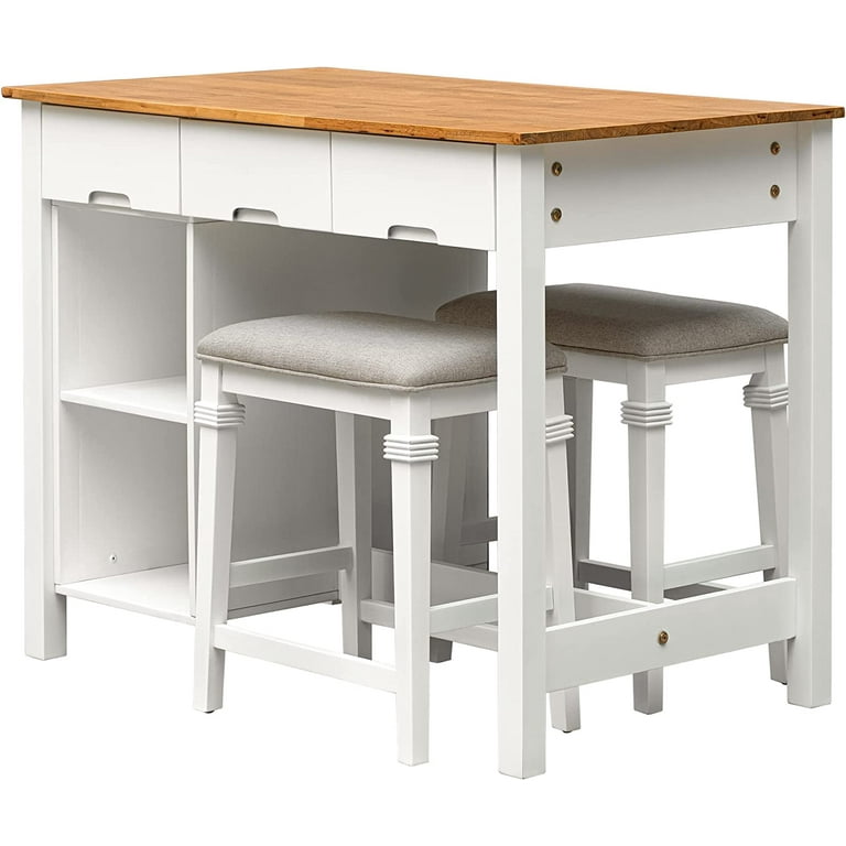 3-piece White Rubber Wood 45 in. Kitchen Island Set with 2