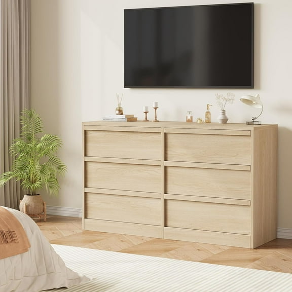 6 Drawer Dresser for Bedroom, Modern Double Dresser Organizer with 6 Drawers Large Storage, Wooden Chest of Drawers for Living Room, Nursery, Hallway - Natural Sideboard Buffet Cabinet