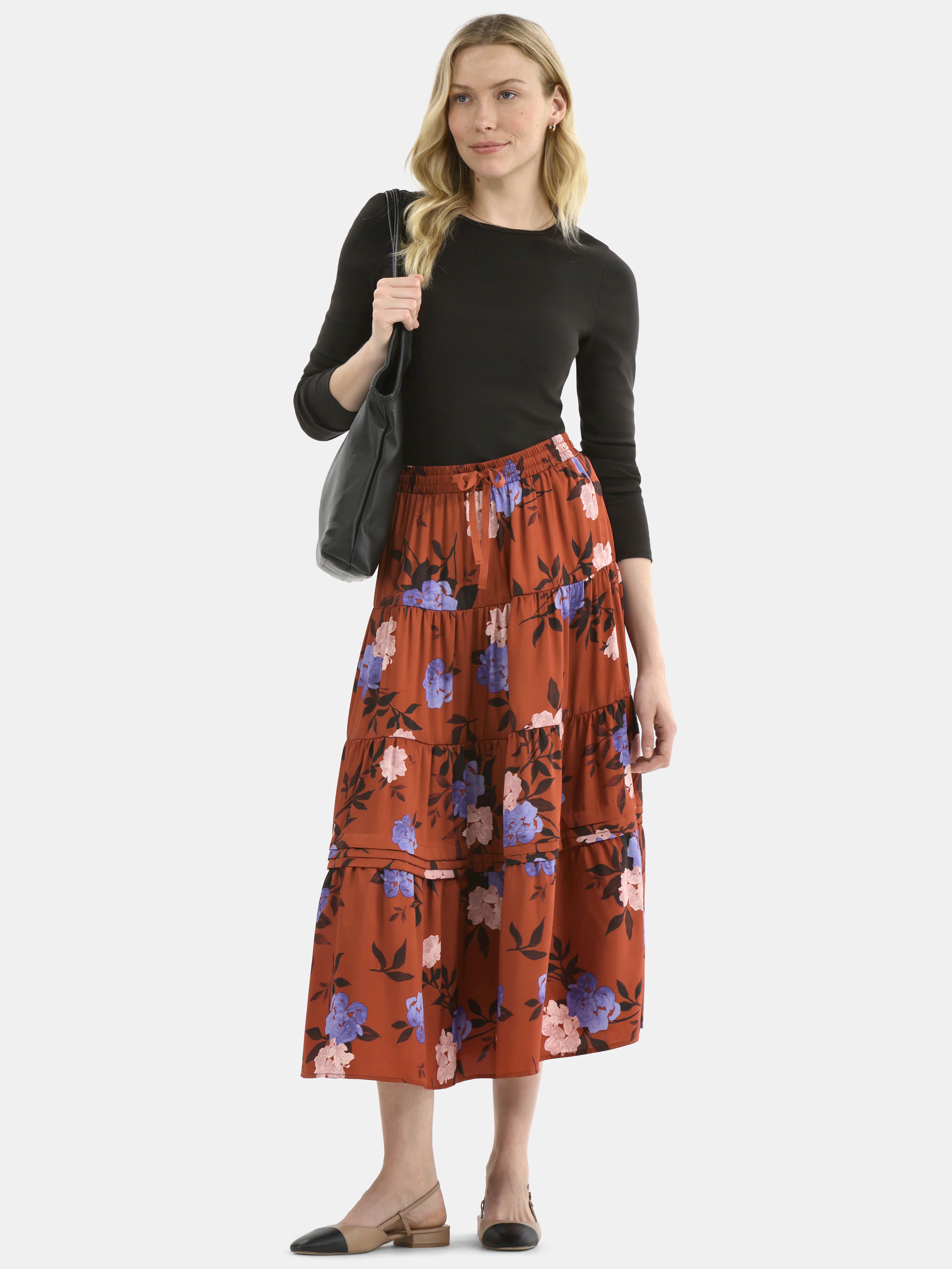 Time and Tru Women's Print Tiered Pull On Midi Skirt, Sizes XS-XXXL