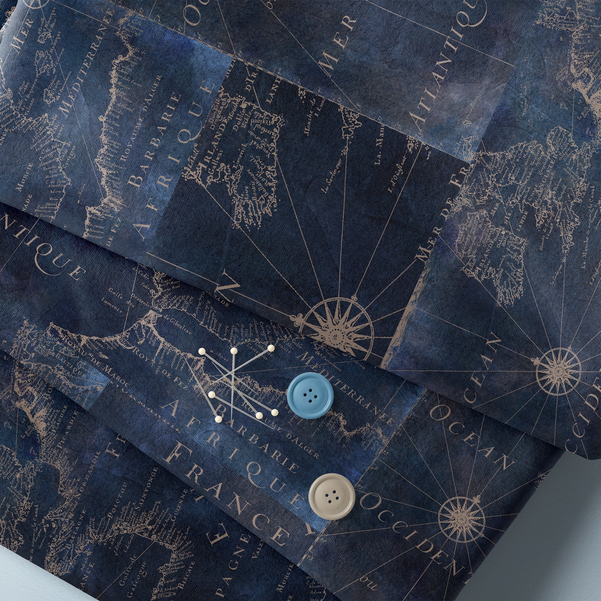 (2 pack) 1 Yard 100% Cotton Nautical Map, Blue, 44" Wide for Quilting & Sewing by David Textiles