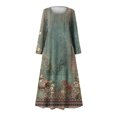 thumbnail image 4 of pstuiky Dresses for Women, Women Cotton and Linen Dress Long Sleeve Crew Neck Dress Printed Dress and Ankle Dress Casual Holiday Dress with Pockets Leisure Green S, 4 of 5