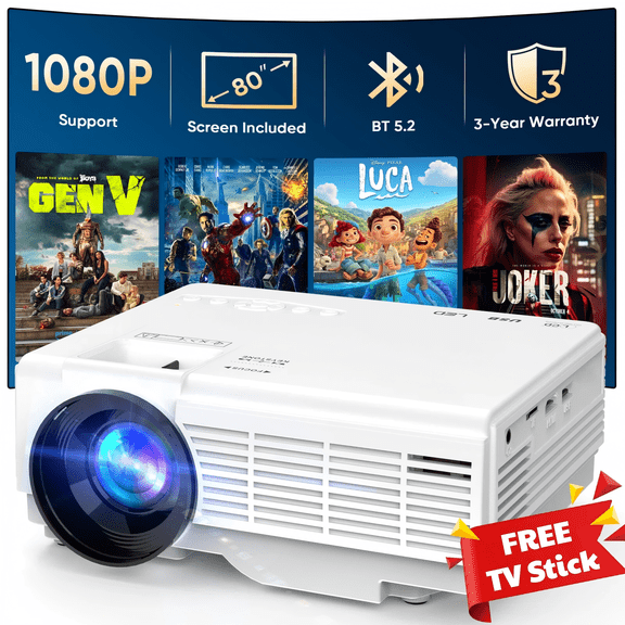 GCZ Mini Projector with Screen, Bluetooth 5.2, FHD 1080P Supported Portable Outdoor Projector for Home, Compatible with TV Stick/Phone/HDMI