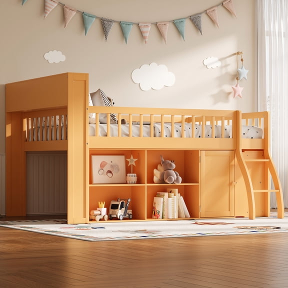 Euroco Wood Full Size Loft Bed with Storage Shelves and LED Light, Natural