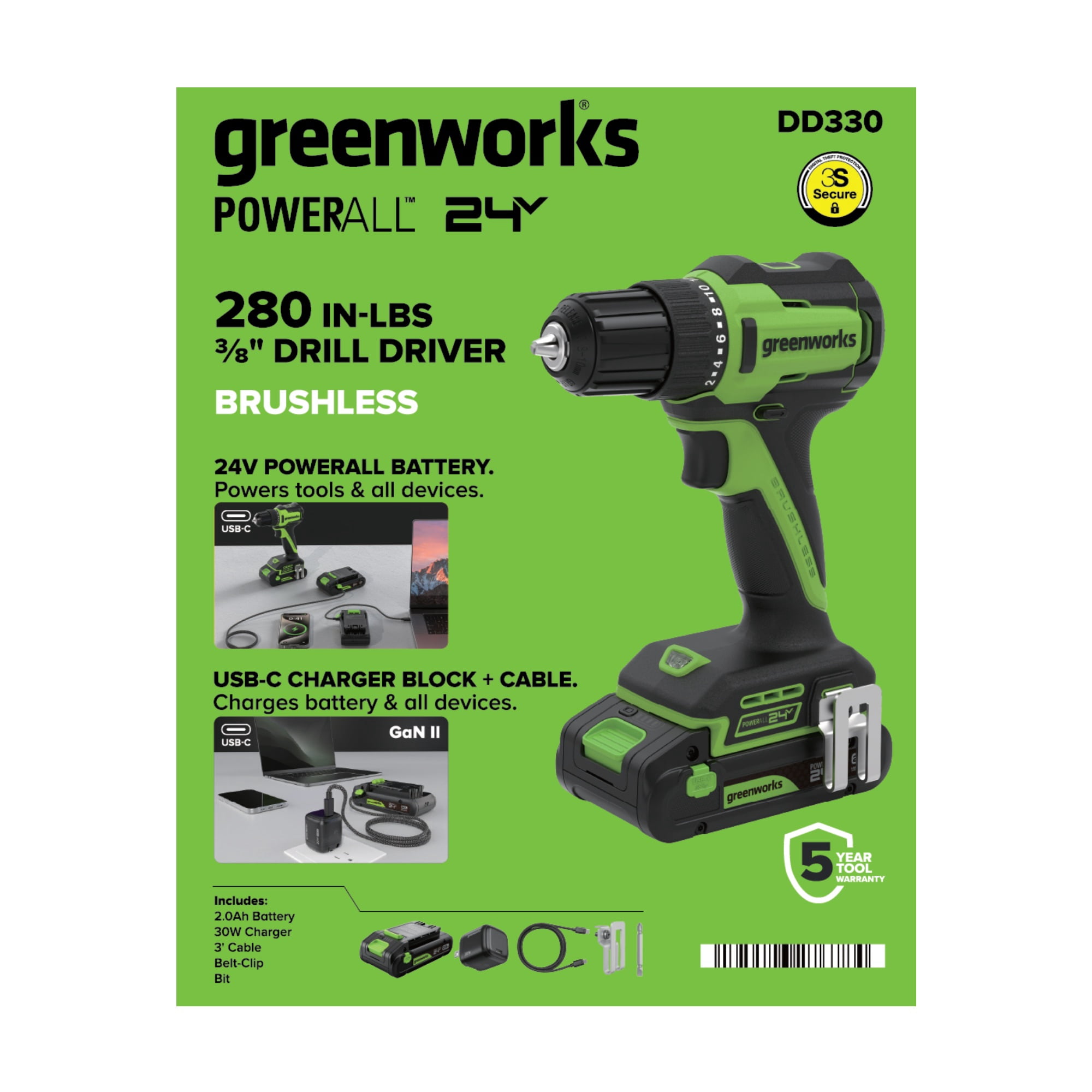 Greenworks 24V Brushless 3/8" Drill Driver with USB-C Battery, PowerAll