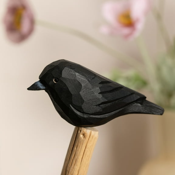 Handmade Wood Carving Crow Figurine - Small Black Bird Statue for Home Decor & Gift - Eco-Friendly White Cardboard Packaging