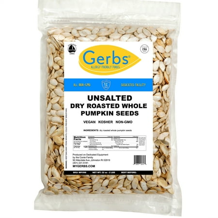 Roasted Unsalted Pumpkin Seeds In Shell by Gerbs - 2 LBS. - Top 14 Food Allergen Free & NON GMO - Vegan & Kosher