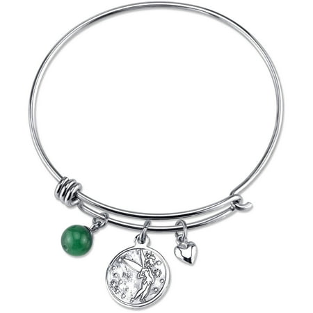 Disney Tinkerbell Women's Stainless Steel Dreaming of You with Heart and 8mm Green Aventurine Bead Bangle Bracelet