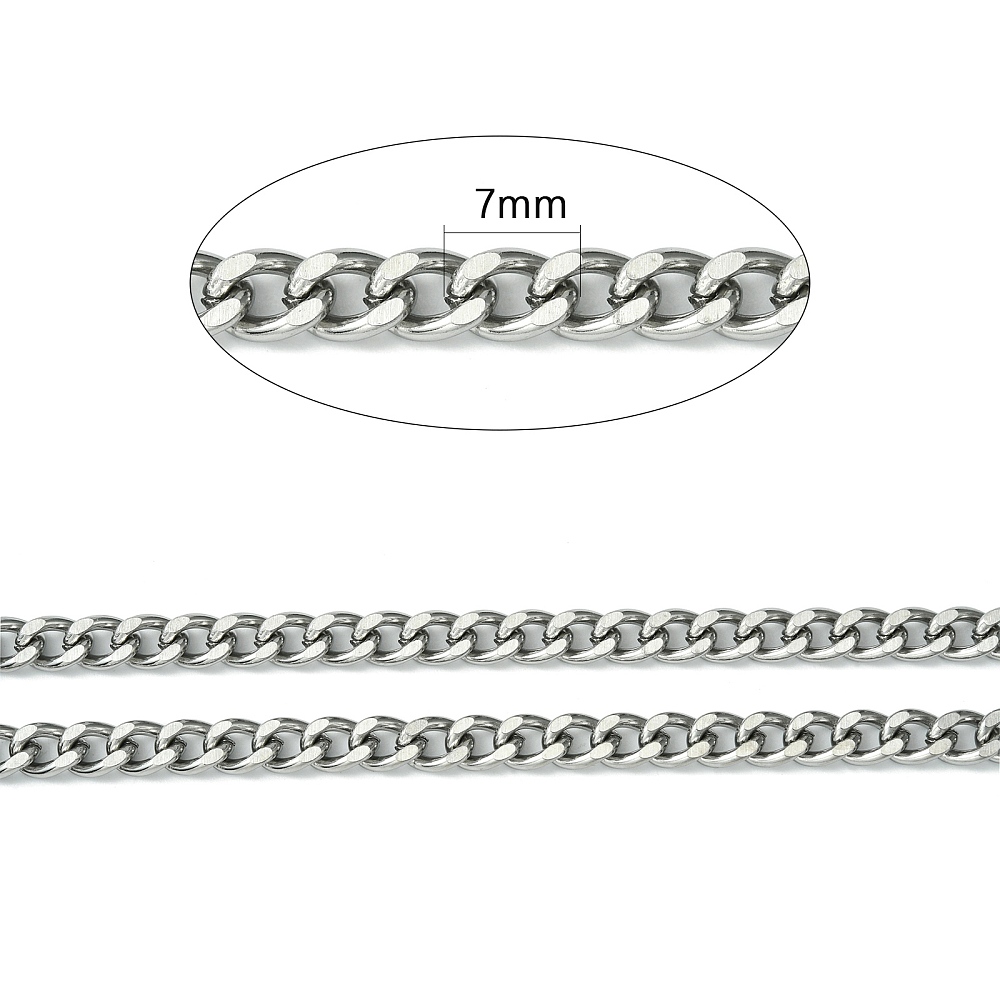Resistant 304 Stainless Steel Cuban Link Chains Chunky Chains Curb Chains with Spool Faceted Unwelded Stainless Steel color 7x5x1.4mm about 32.8 Feet(10m)/roll