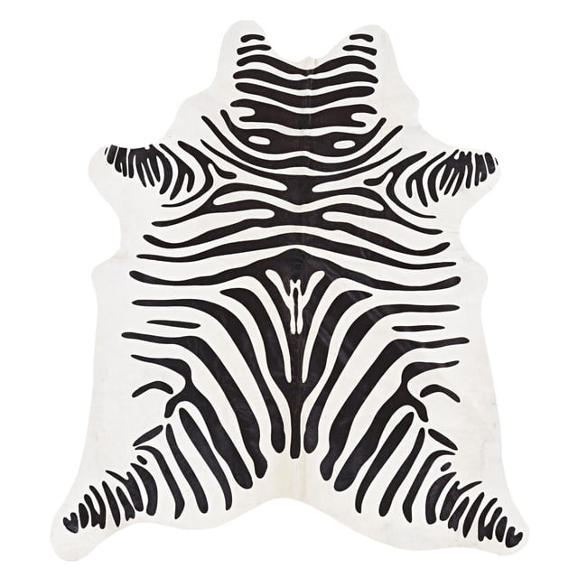 Medium brindle cowhide rug featuring bold black and white striped pattern, full natural skin shape.