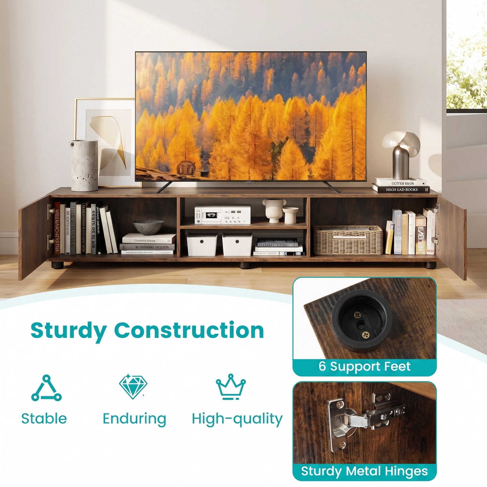 Furnibear Modern TV Stand for TVs up to 70 Inch, Minimalist Entertainment Center with 2 Doors and Open Shelves, Wood Media Console for Living Room, Rustic Brown