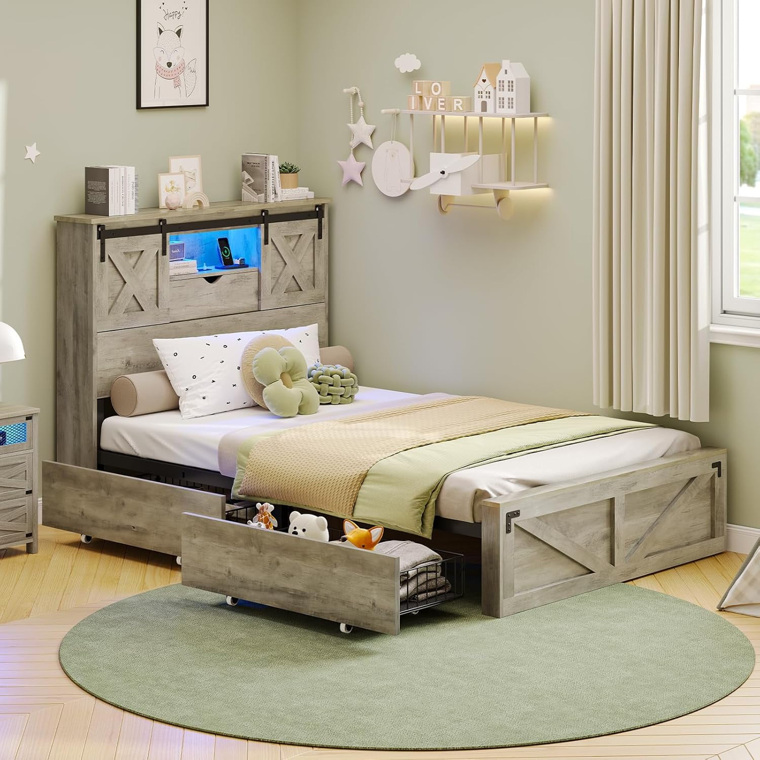 Twin XL Size Bed Frame with Headboard and Drawers, Farmhouse Twin XL Platform Bed Frame with LED Lights and Charging Station, No Box Spring Needed,Gray