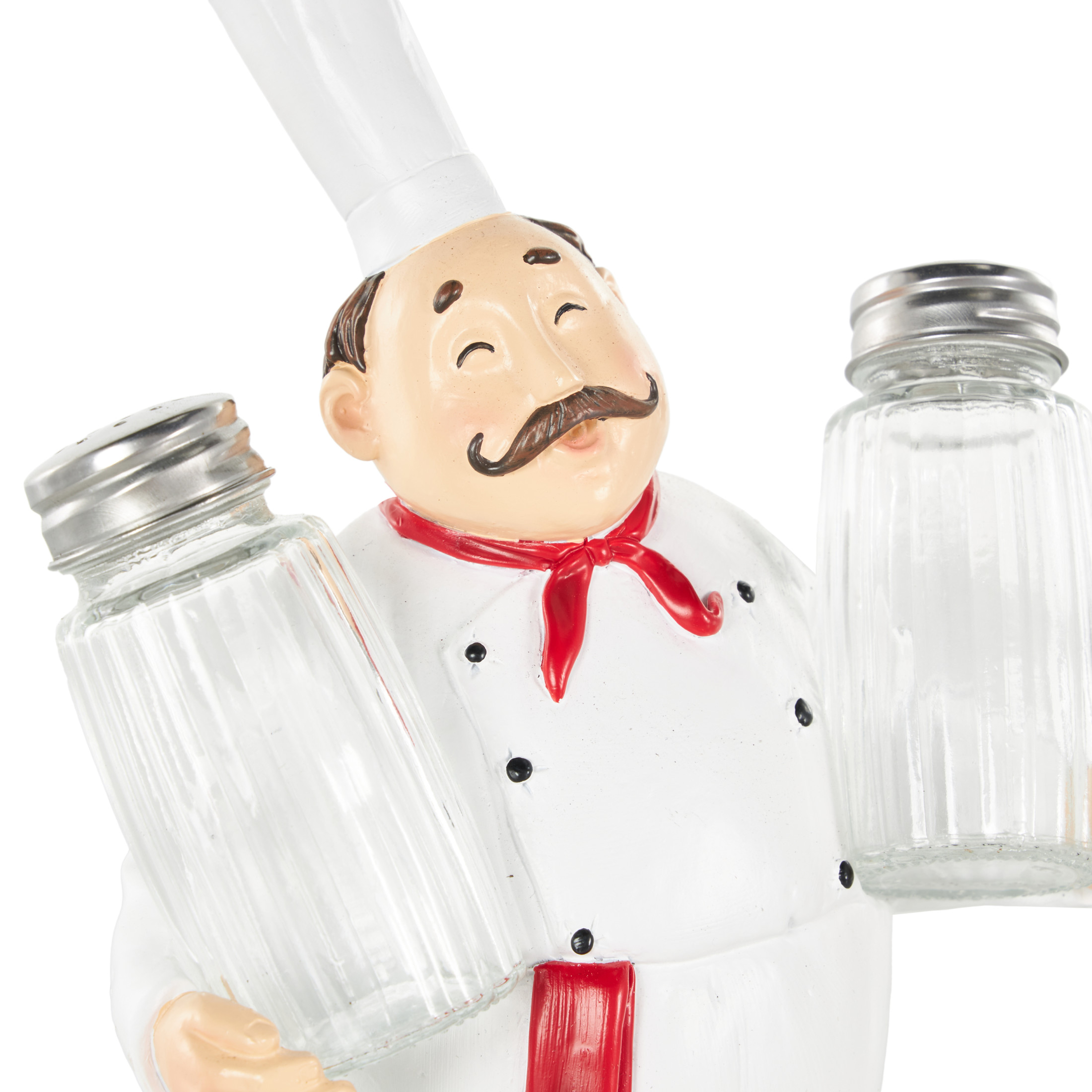 Chef 11.0" Polystone Kitchen Decorative Figurine Salt and Pepper Shaker Holder with Red Accents, by DecMode