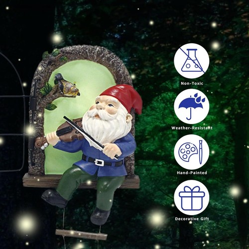 Colourtree Elf Out The Door Tree Hugger with Ladder, Funny Musical Gnome Garden Sculpture, Whimsical Fairy Tree Face/Stump Decor, Resin Outdoor Statue, Luminous Elf Peeker Yard Art