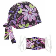 Opromo Scrub Cap Hat with Sweatband for Ponytail and Free Reusable Cotton Mask-Purple flower