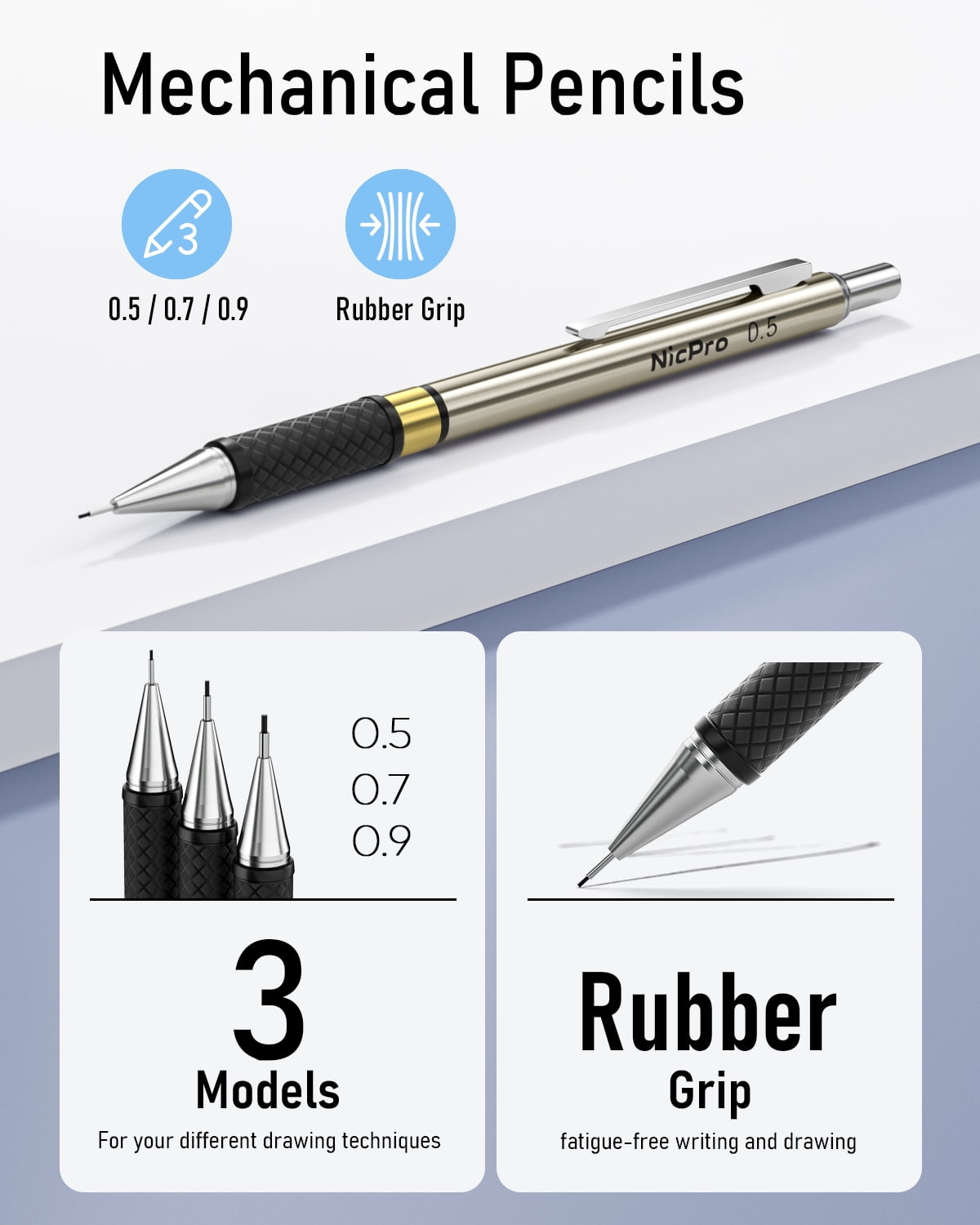 Set Matite Meccaniche Professionali - 3 Pezzi 0.5mm Con Mina HB, Gomme E Custodia - Foto 4