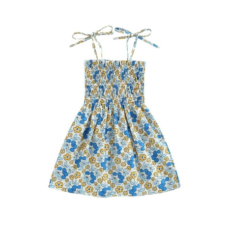 

Sunisery Little Kids Girls Sling Dress Sleeveless Tie-up Spaghetti Straps Chest Smocked Ruched Floral A-line Dress Blue Floral 3-4 Years