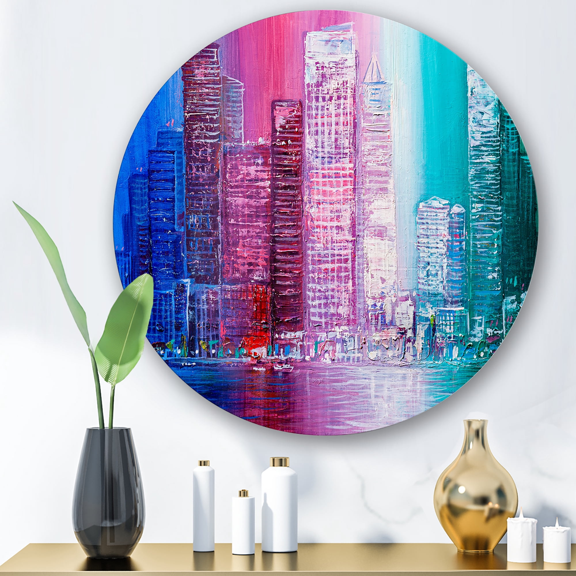 Designart 'Abstract Style Cityscape Panorama Skyscrapers II' Modern Circle Metal Wall Art 11x11 - Disc of 11