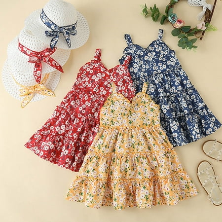 

PEASKJP Birthday Dresses for Girls Toddler Girls Short Sleeve Floral Prints Boho Ruffles Princess Casual Dress Blue 5-6 Years