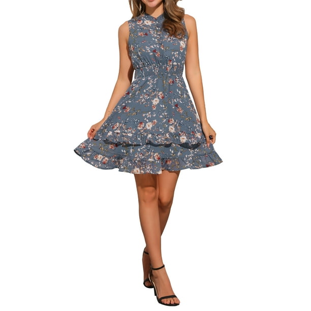 Vestidos de gasa para mujeres INSPIRE CHIC para el Día de la Madre, vestido mini sin mangas con flores, A-Line, color gris azul