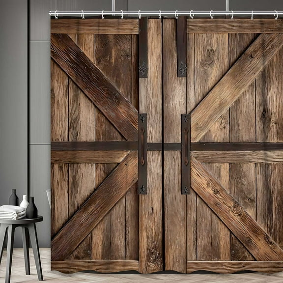 Rustic Barn Door Shower Curtain, Brown Garage Wood Wooden Country American Style Western Farmhouse Bath Curtain, Western Bathroom Accessories Botanical for Bathroom Curtain Set with Hooks, 72X72in