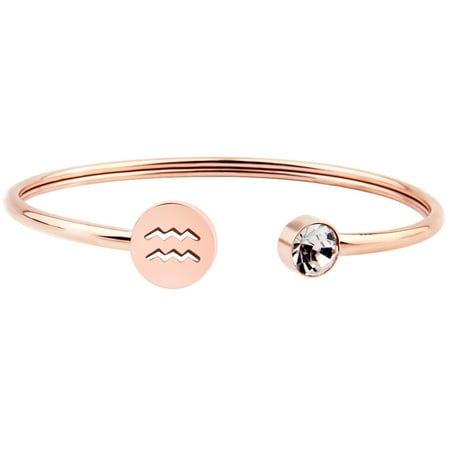 - Simple Rose Gold Zodiac Sign Cuff Bracelet with Birthstone Birthday Gift for Women Girls(Aquarius)