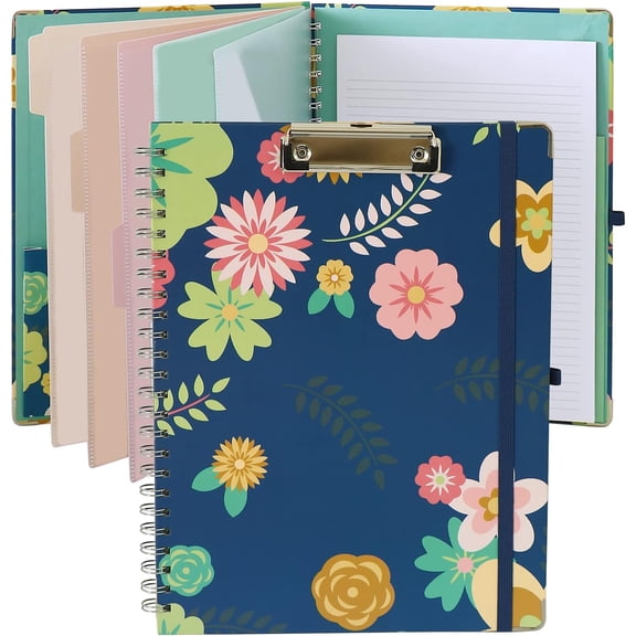 Clipboard Folio Spiral Folder Board,5 Extra Folders with 10 Storage Pockets,Refillable Lined Fillable Notepad,Folded Clipboard with Storage,Suitable for Office,School and Student (Blue Flowers)