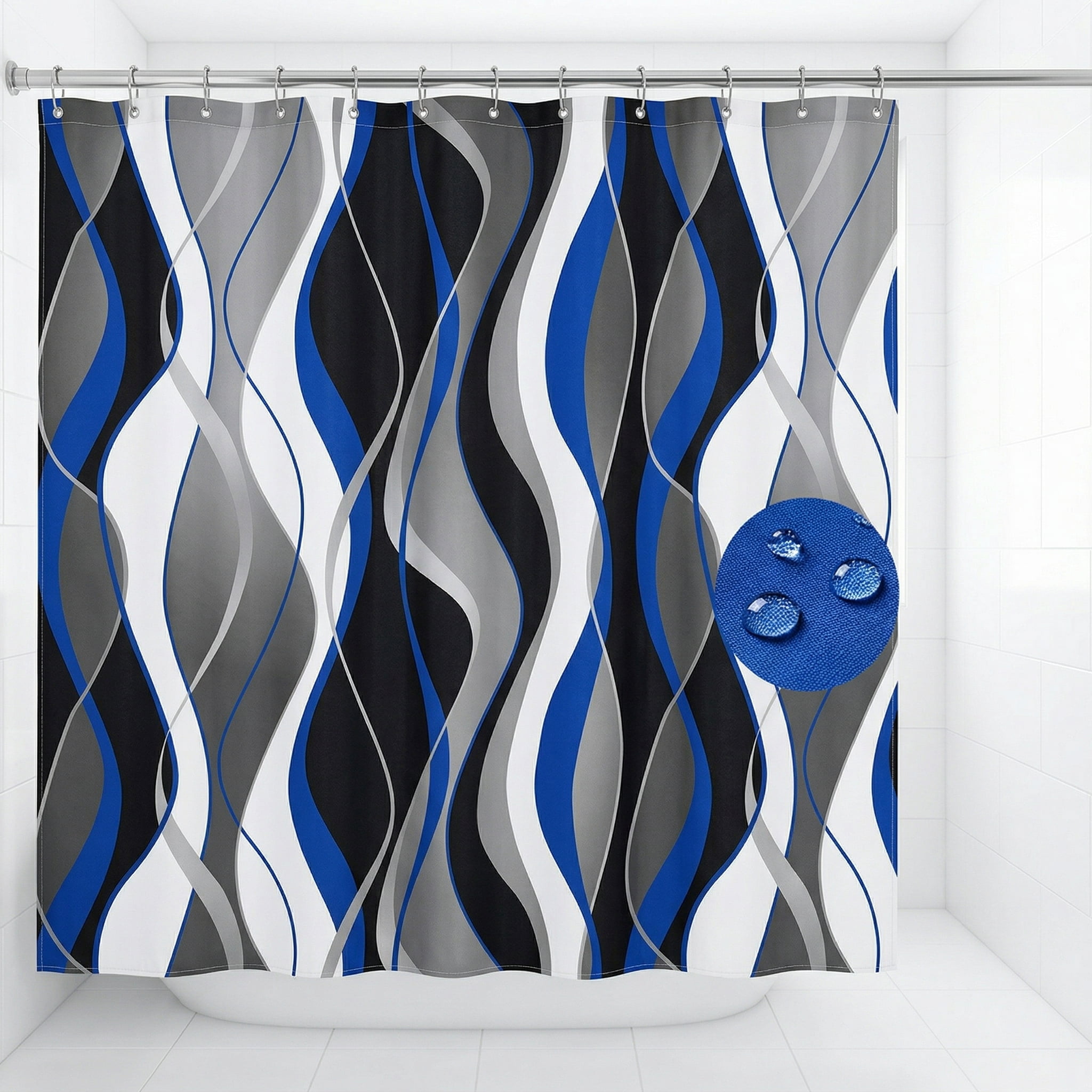 4 Pcs Blue Shower Curtain Black Bathroom Sets with and Rugs Grey Modern Striped Set White Decor Toilet Lid Cover Hooks