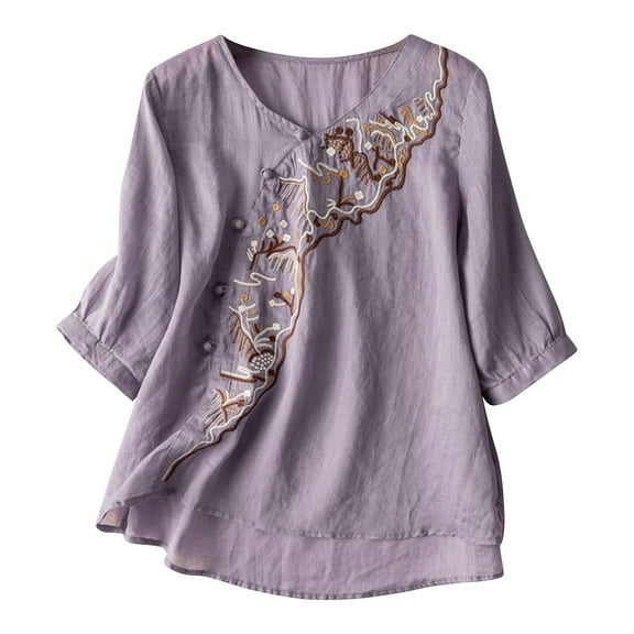 Embroidered Peasant Blouses for Women Summer Cotton Linen Button Dwon Mexican Shirt 3/4 Sleeve Tops Boho T-Shirts