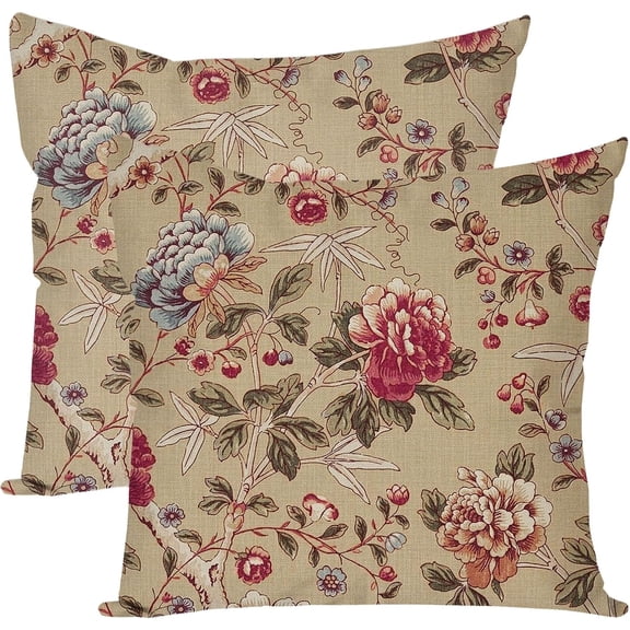 Vintage Floral Decorative Throw Pillow Covers 18x18 Inch Set of 2 Peony Flower Chinoiserie Beige Outdoor Cottagecore Grandmillennial Spring Fall Decor Cushion Cases Decorations for Home Couch