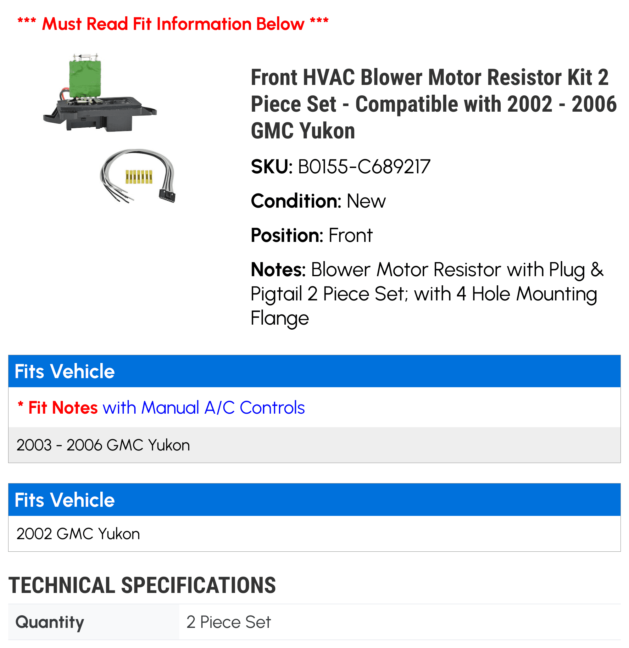 Front HVAC Blower Motor Resistor Kit 2 Piece Set - Compatible with 2002 - 2006 GMC Yukon 2003 2004 2005