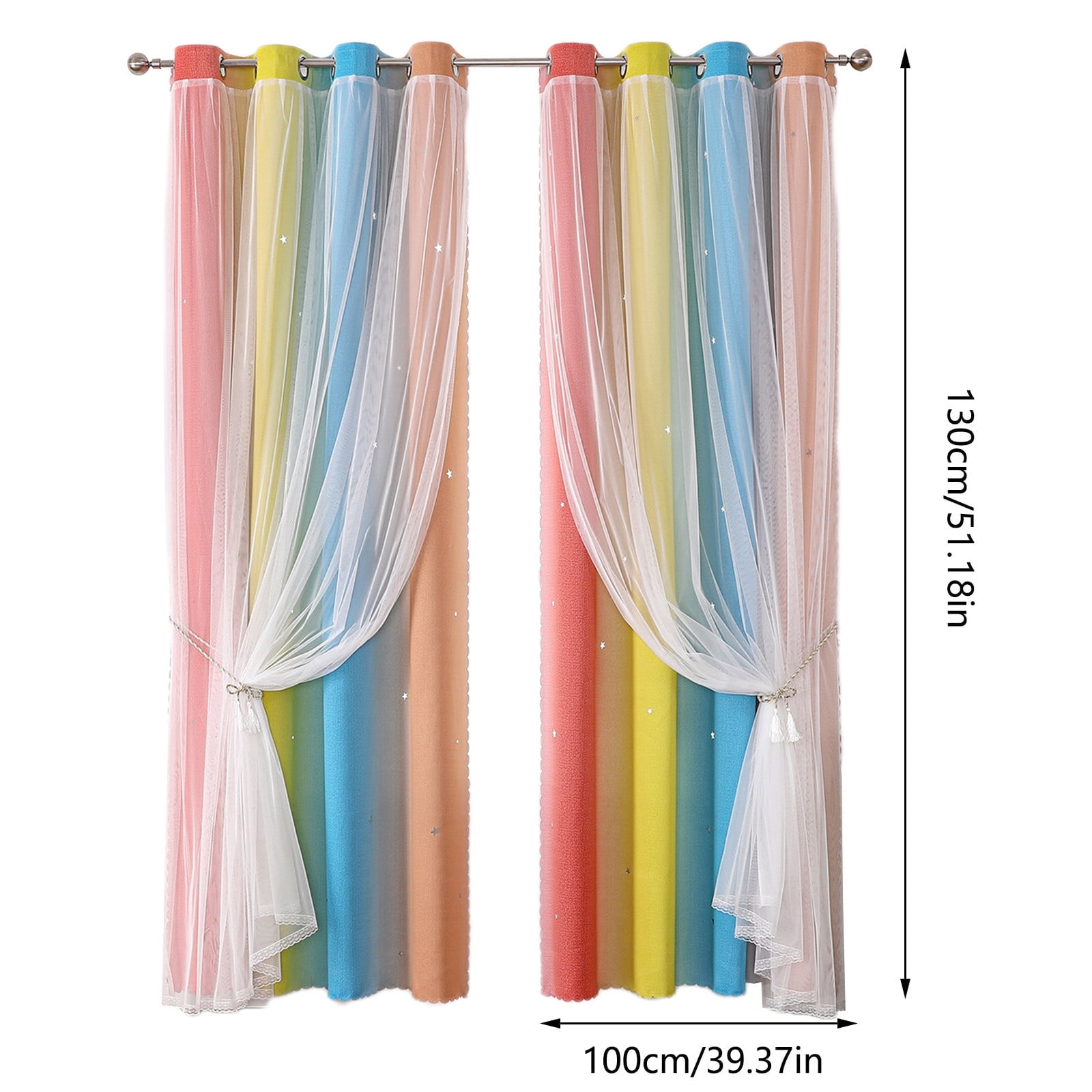 2-in-1 Double-Layer Kids & Girls Unicorn Princess Ombre Blackout Curtains with Foil Print Sheer,Panels for Bedroom, Nursery, Living Room - Yellow Purple Blue, 52W x 63L