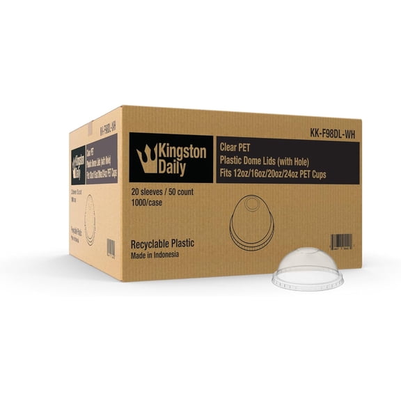 KK-F98DL-WH Clear PET Plastic Dome Lids (with Hole) for 12oz/16oz/20oz/24oz Cups - 1000/case (20 sleeves / 50 count)