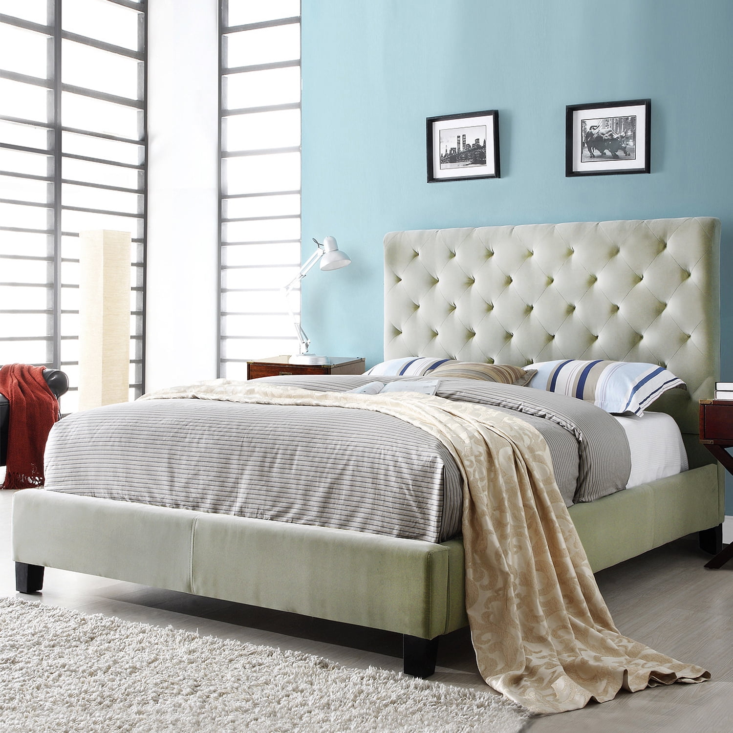 Tribecca Home Sophie Taupe Velvet Tufted King Sized Upholstered Bed Tribecca Home Sophie Taupe Velvet Tufted King Sized Upholstered Bed Com