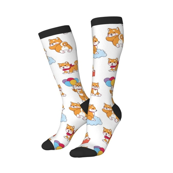 Knee High Socks for Women Men Athletic - Cute Cartoon Corgi Balloon Box Thigh-High Black Sole Comfort Breathable Long Socks for Casual Travel Running