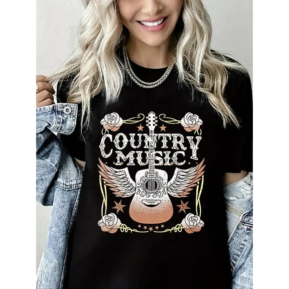 Crewneck Tshirt Country Music Print Short Sleeve Shirt for Women
