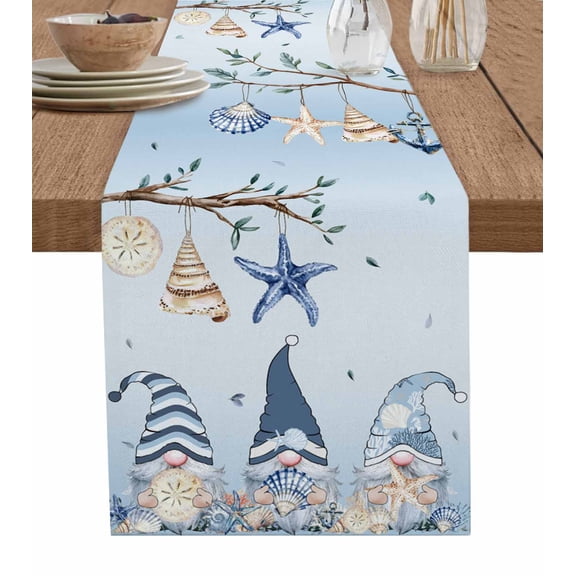 Sky Blue Gnomes Coastal Table Runner 60 Inches, Eucalypus Starfish Shell Anchor Bed Runner Dresser Scarves Tabletop for Indoor Outdoor Parties/Ceremony/Banquet, 13" x 60"