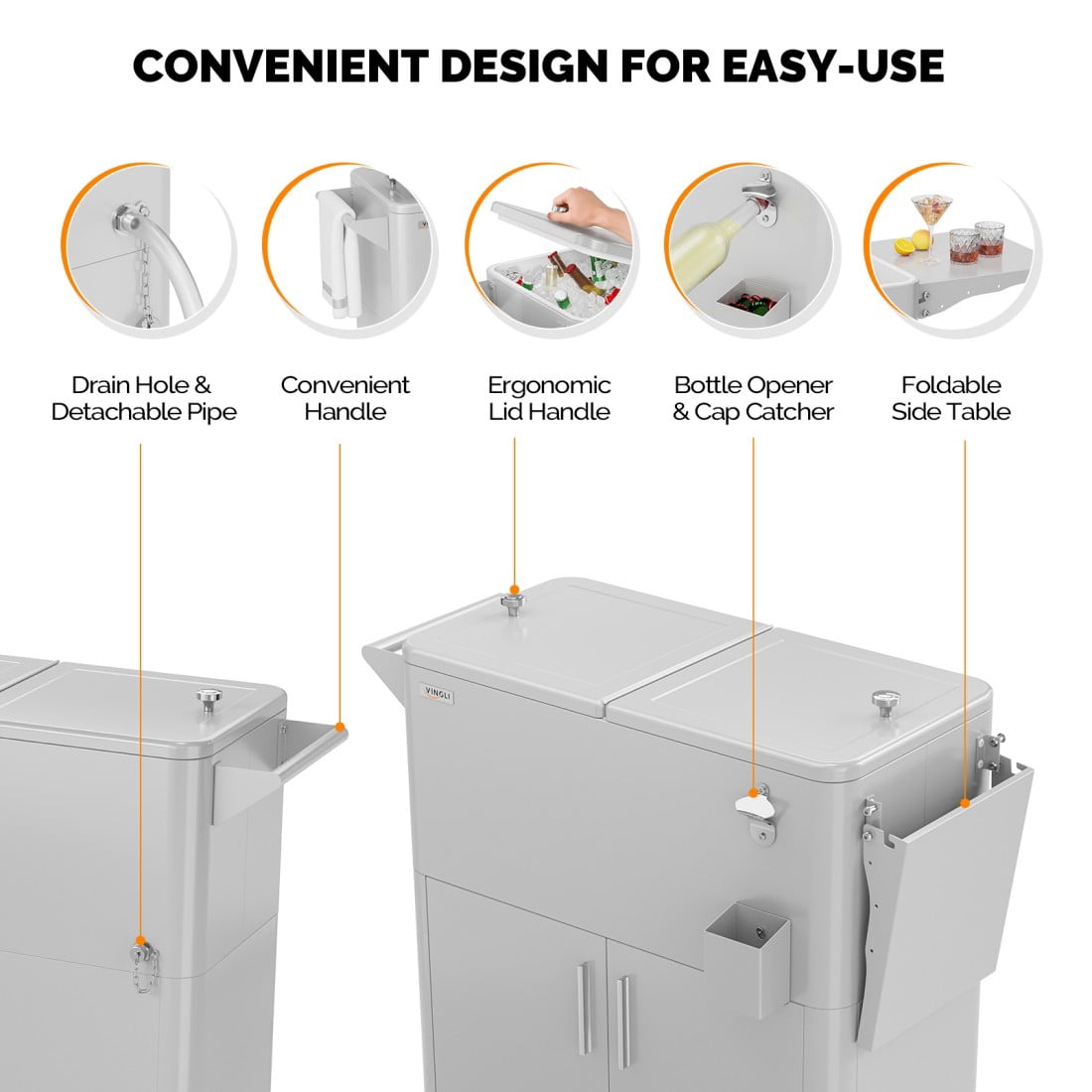 Hassch 80QT Rolling Cooler w/ Storage Cabinet & Foldable Side Panel, Outdoor Warm & Cooling Party Cart with Lockable Wheels, Bottle Opener & Drain Hole, for BBQ, Backyard, Poolside, Light Gray
